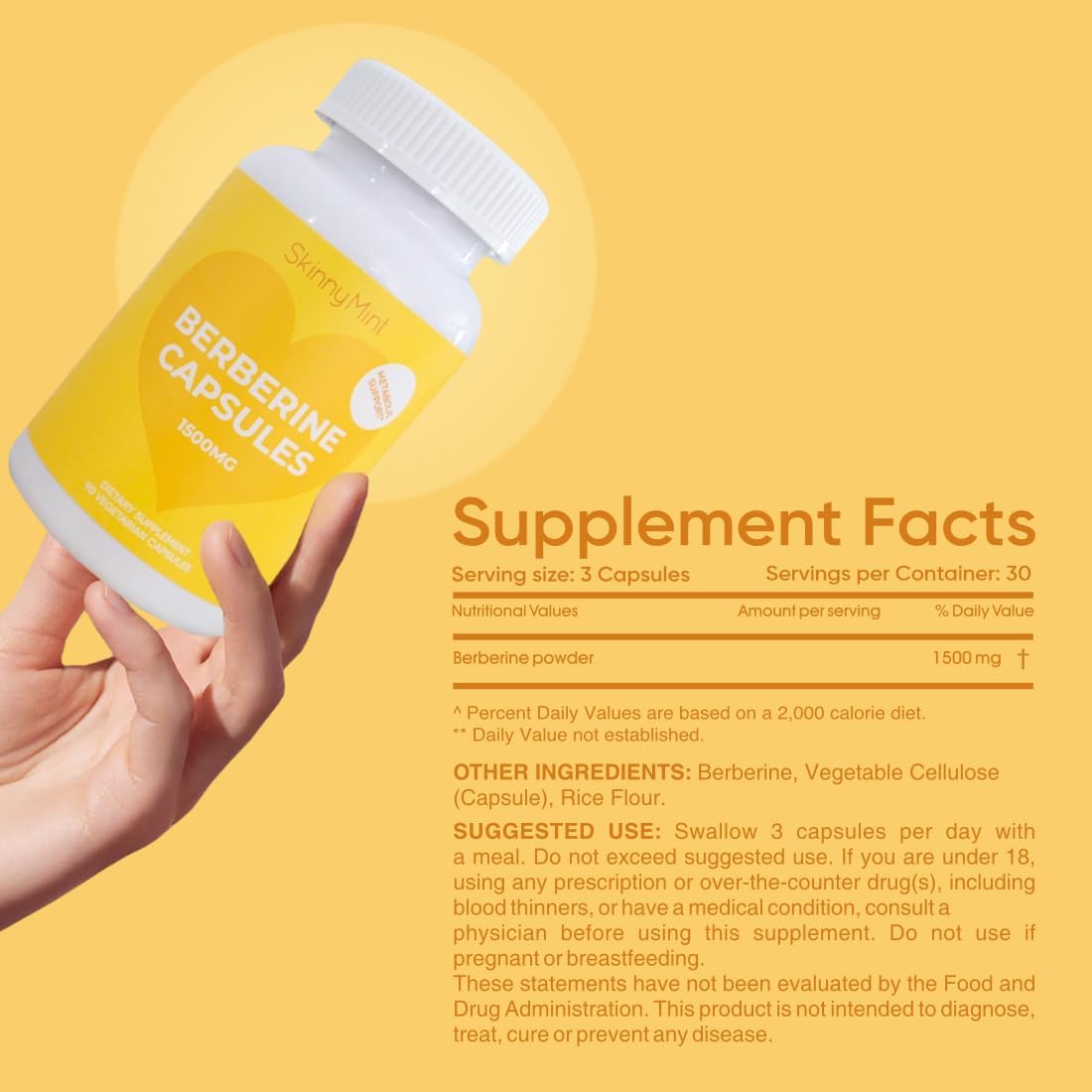 SkinnyMint Suplemento de berberina de 1500 mg por porción, berberina para apoyo general de la salud  Sin gluten, veganas, cápsulas vegetarianas (90