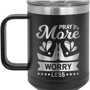 PRAY MORE WORRY Less – Taza de café negra de 15 onzas con tapa superior deslizante, taza de café de viaje aislada Ideas de regalo únicas de mujeres PRAY MORE WORRY Less – Taza de café negra de 15 onzas con tapa superior deslizante, taza de café de viaje aislada Ideas de regalo únicas de mujeres