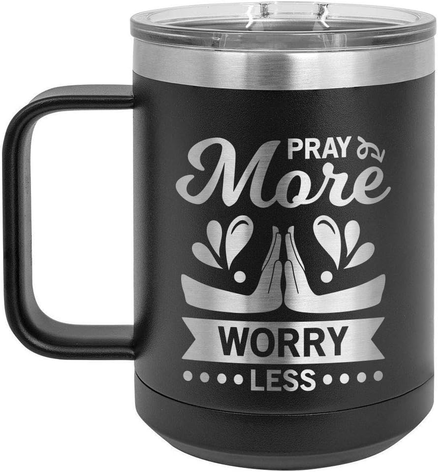 PRAY MORE WORRY Less – Taza de café negra de 15 onzas con tapa superior deslizante, taza de café de viaje aislada  Ideas de regalo únicas de mujeres