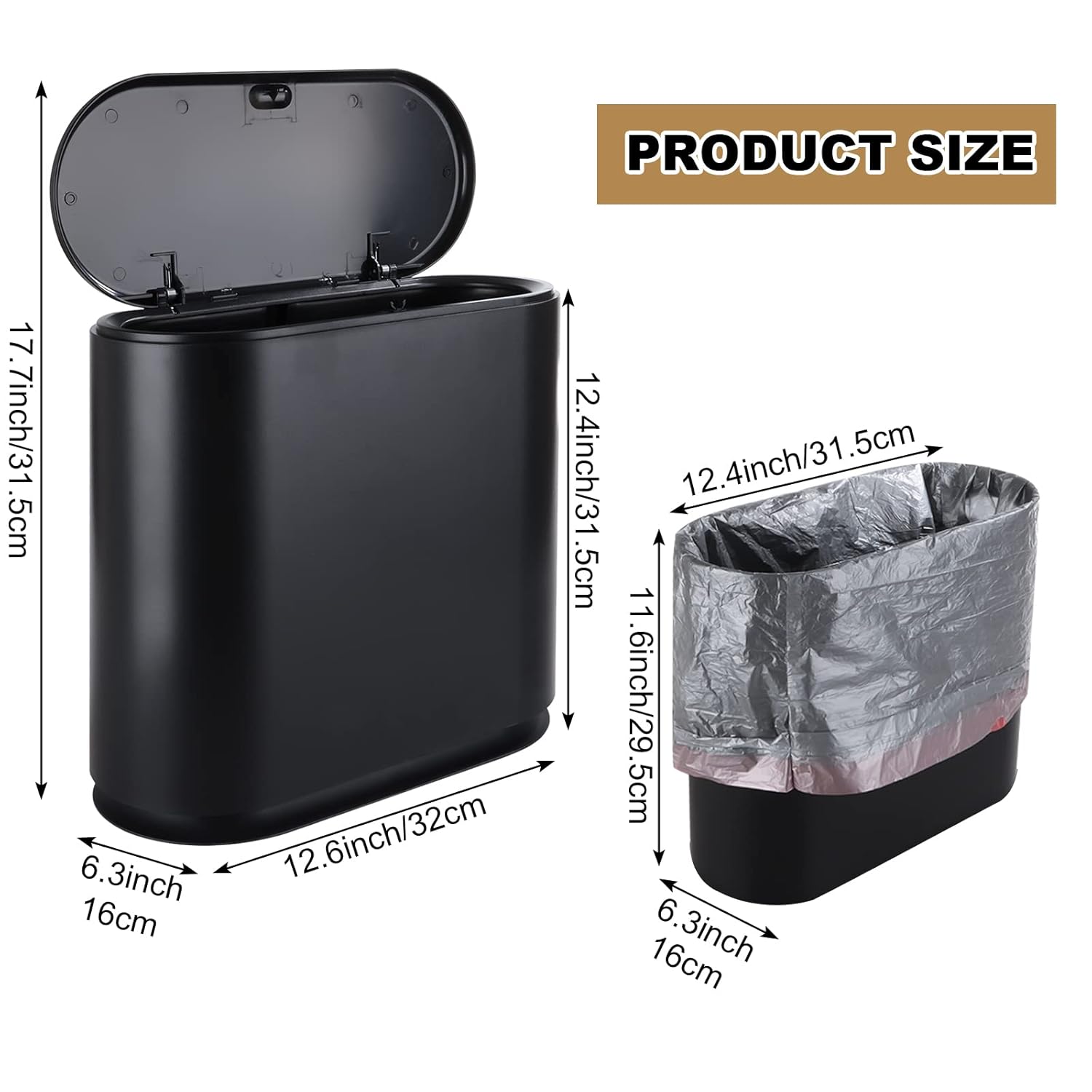 ABuff Cubo de basura pequeño de 12 L con tapa tipo prensa, contenedor de basura delgado de 3.17 galones, cesta de basura de plástico negro para
