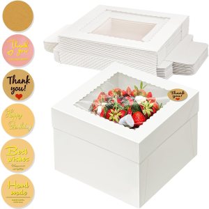 WLUSEAXI 15 cajas para pasteles, 10 x 10 x 8 pulgadas de alto con ventana, cajas blancas de panadería con calcomanías, caja grande desechable para WLUSEAXI 15 cajas para pasteles, 10 x 10 x 8 pulgadas de alto con ventana, cajas blancas de panadería con calcomanías, caja grande desechable para