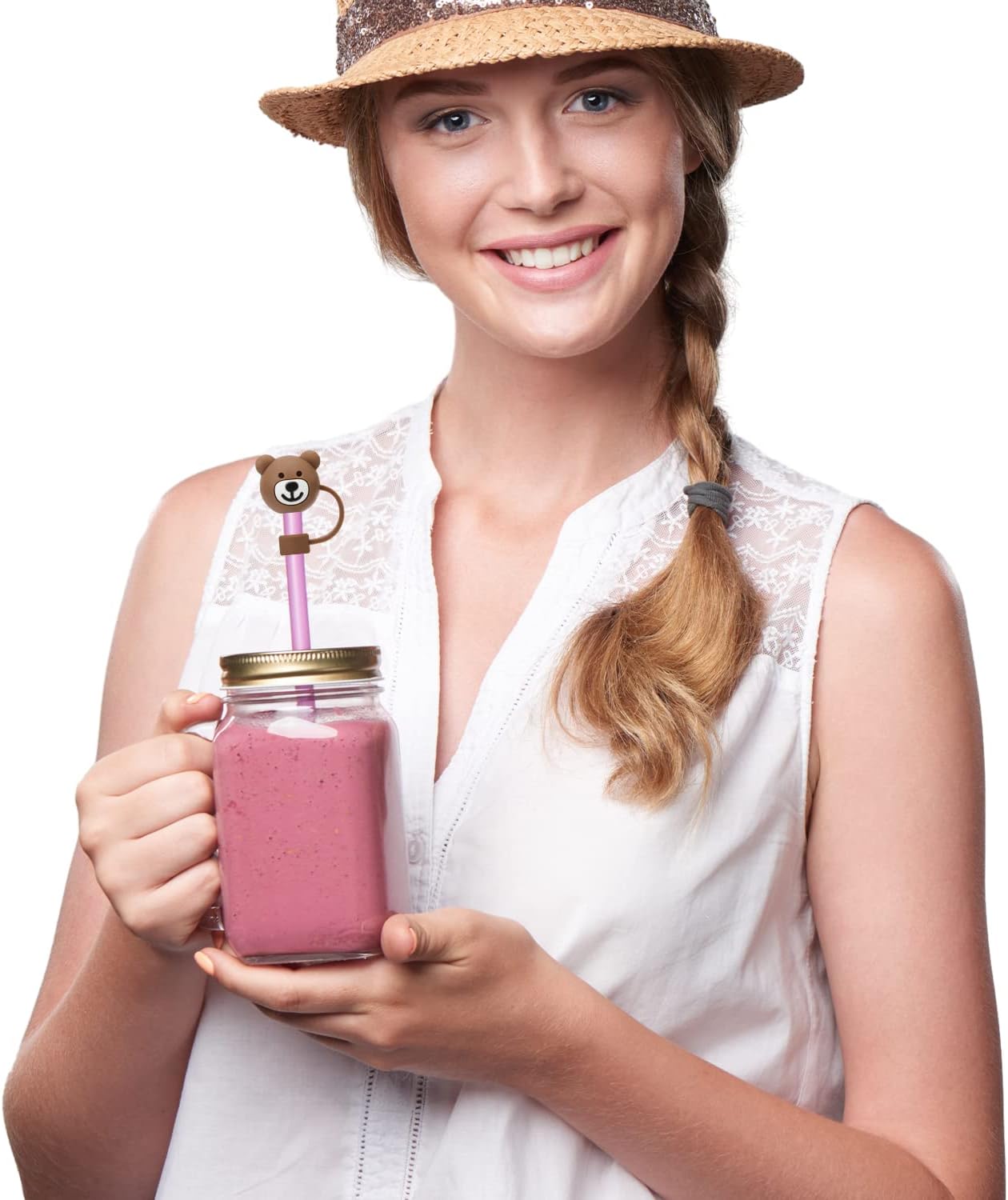 3 fundas para popote de oso, bonitas fundas de popote de silicona suave de dibujos animados, tapas protectoras sin BPA compatible con Stanley Straws