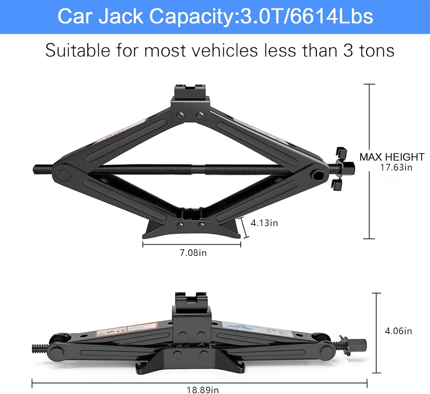 Kit de gato de coche de 3 toneladas (6614 libras), elevador de tijera resistente con llave de trinquete de ahorro, kit de cambio de neumáticos para