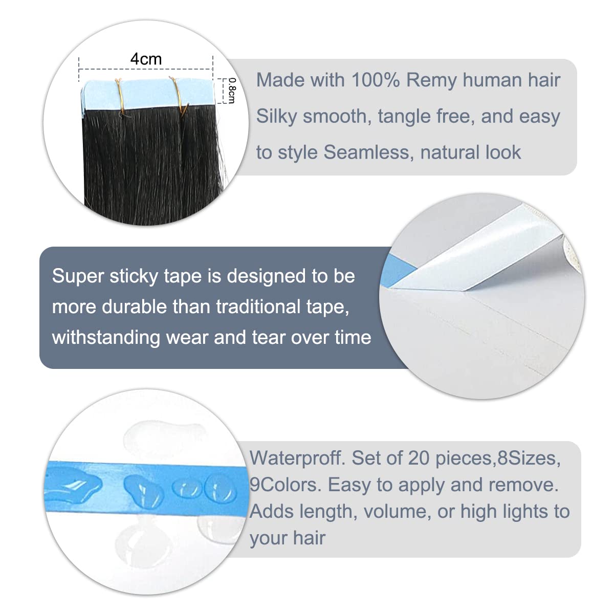Extensiones de cabello humano adhesivas de cabello humano 100% Remy, 20 unidades de 1.76 ozpaquete, extensiones invisibles de trama cutánea, lacias