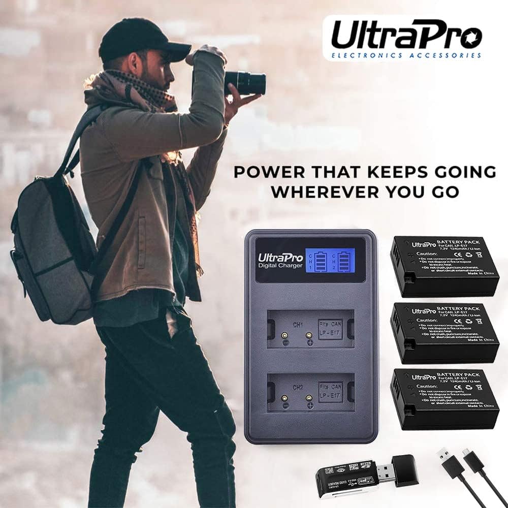 UltraPro Paquete de 2 baterías de repuesto LP-E17 con cargador dual LCD rápido. El paquete UltraPro incluye lector de tarjetas USB SDSDHC.