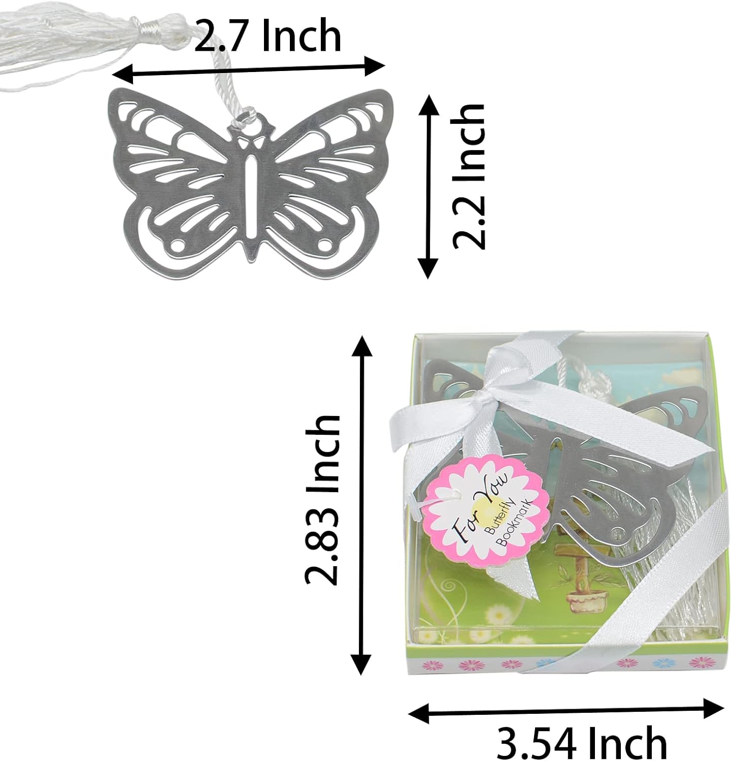 12 marcapáginas de metal de mariposa plateada con caja de regalo, para regalo de devolución de baby shower y regalo de boda (12)