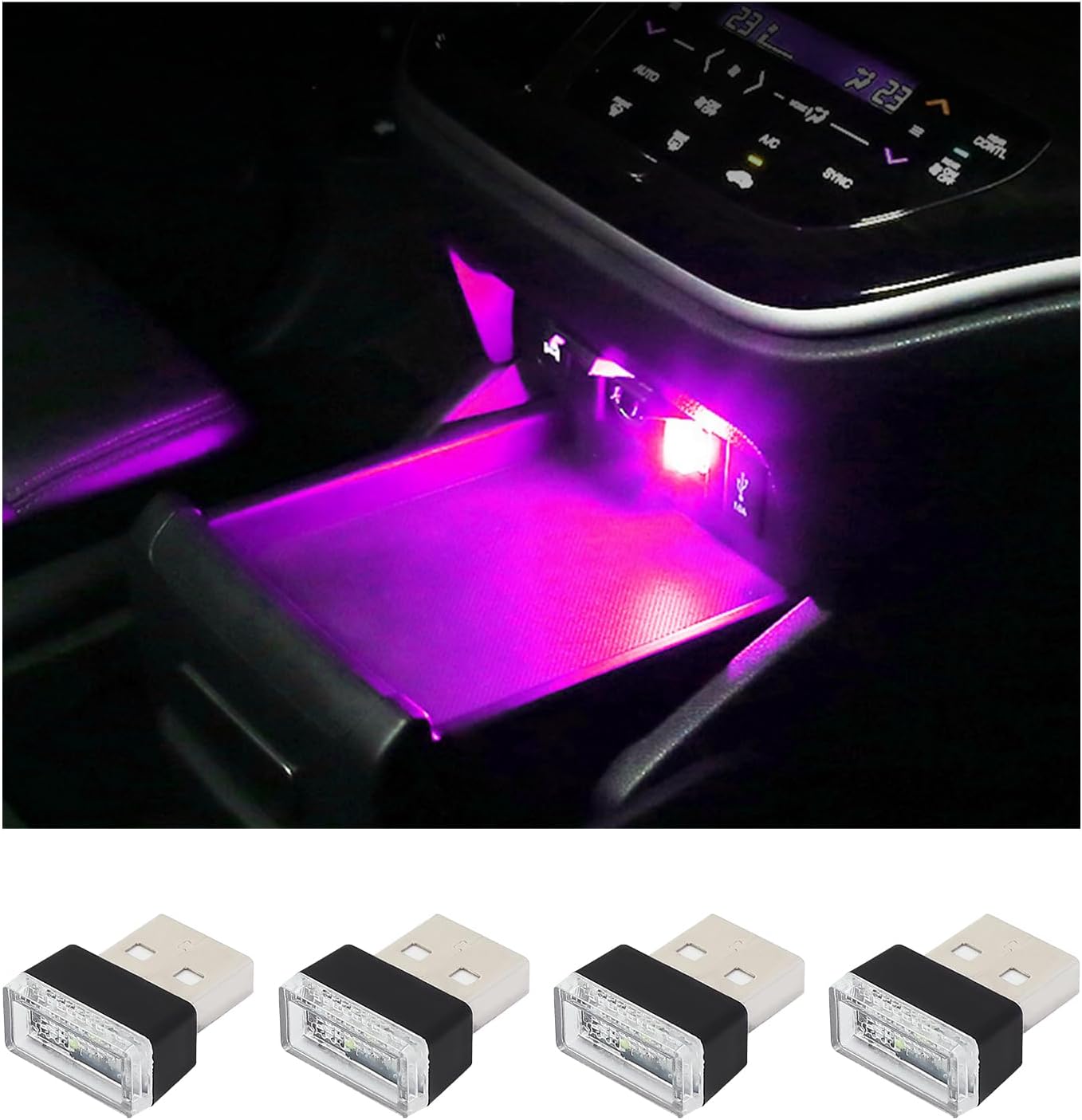 Augeny 4 lámparas LED USB para el interior del automóvil, luz nocturna de decoración USB enchufable, kit de iluminación ambiental portátil para