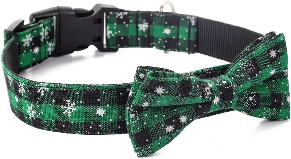 Love Dream Collar de Navidad para perro con pajarita desmontable, collar de perro a cuadros de Navidad para perros pequeños, medianos y grandes