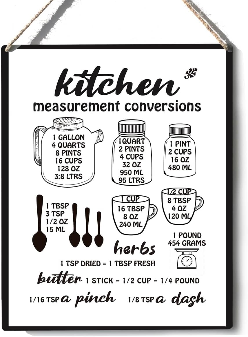 Xiolcxdr Divertido letrero de cocina, decoración de medición de cocina, conversiones, placa de madera para colgar en la pared, carteles para colgar