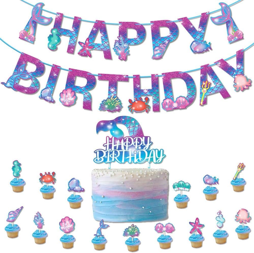 Decoraciones de cumpleaños de sirena, decoraciones de fiesta de sirena, suministros de fiesta de sirena, incluyendo globo de sirena, bandera,