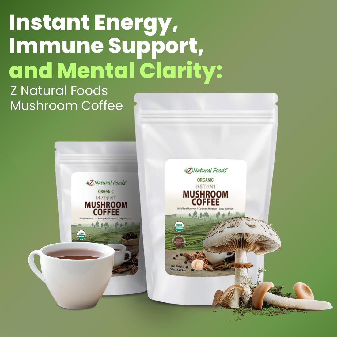 Café orgánico de hongos a granel de 5 libras  Mezcla instantánea de superalimento de melena de león + Cordyceps + Chaga + café  ligeramente