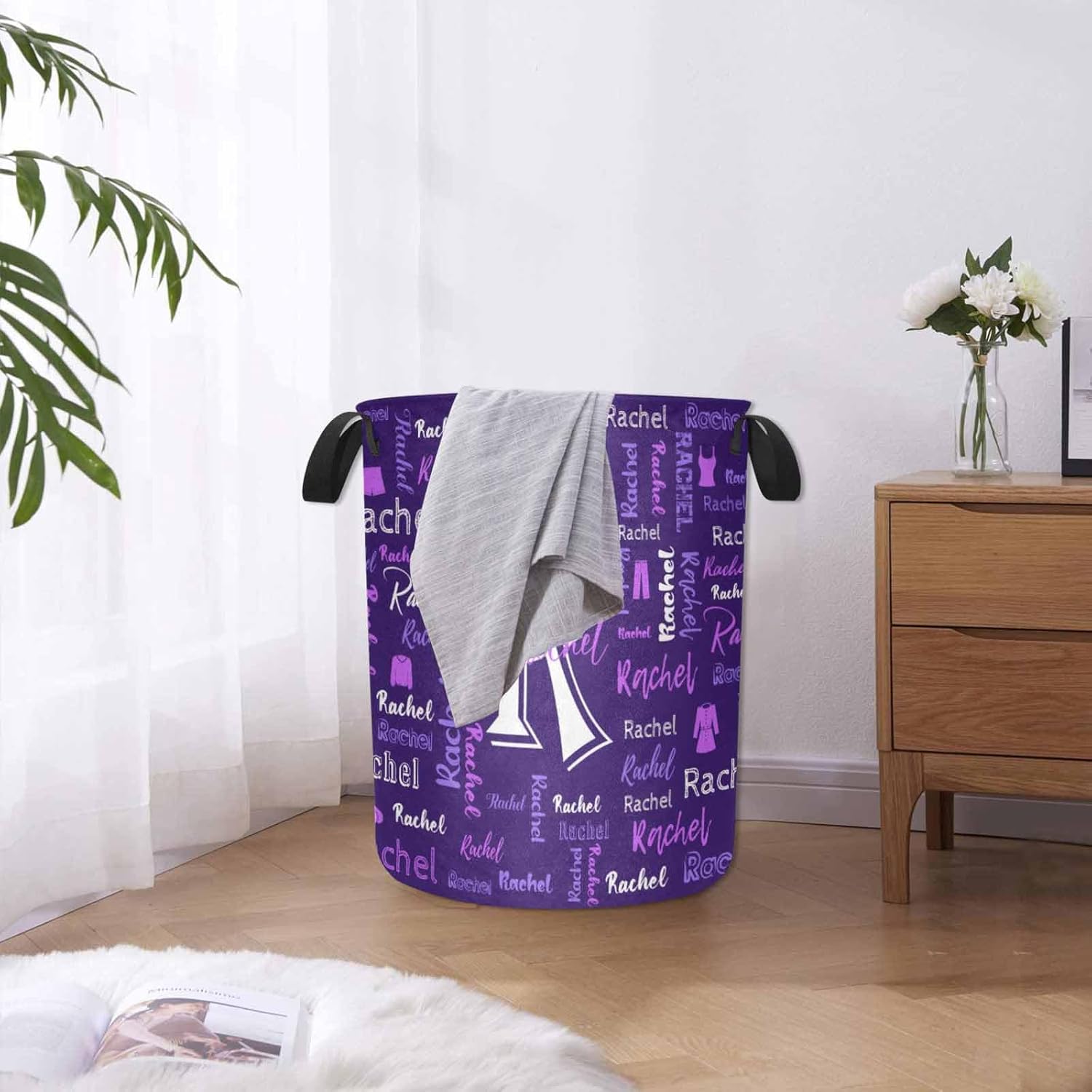 MyPupSocks Cesta redonda personalizada para la ropa sucia con nombre, monograma inicial personalizado y morado y blanco, impermeable, con asas,