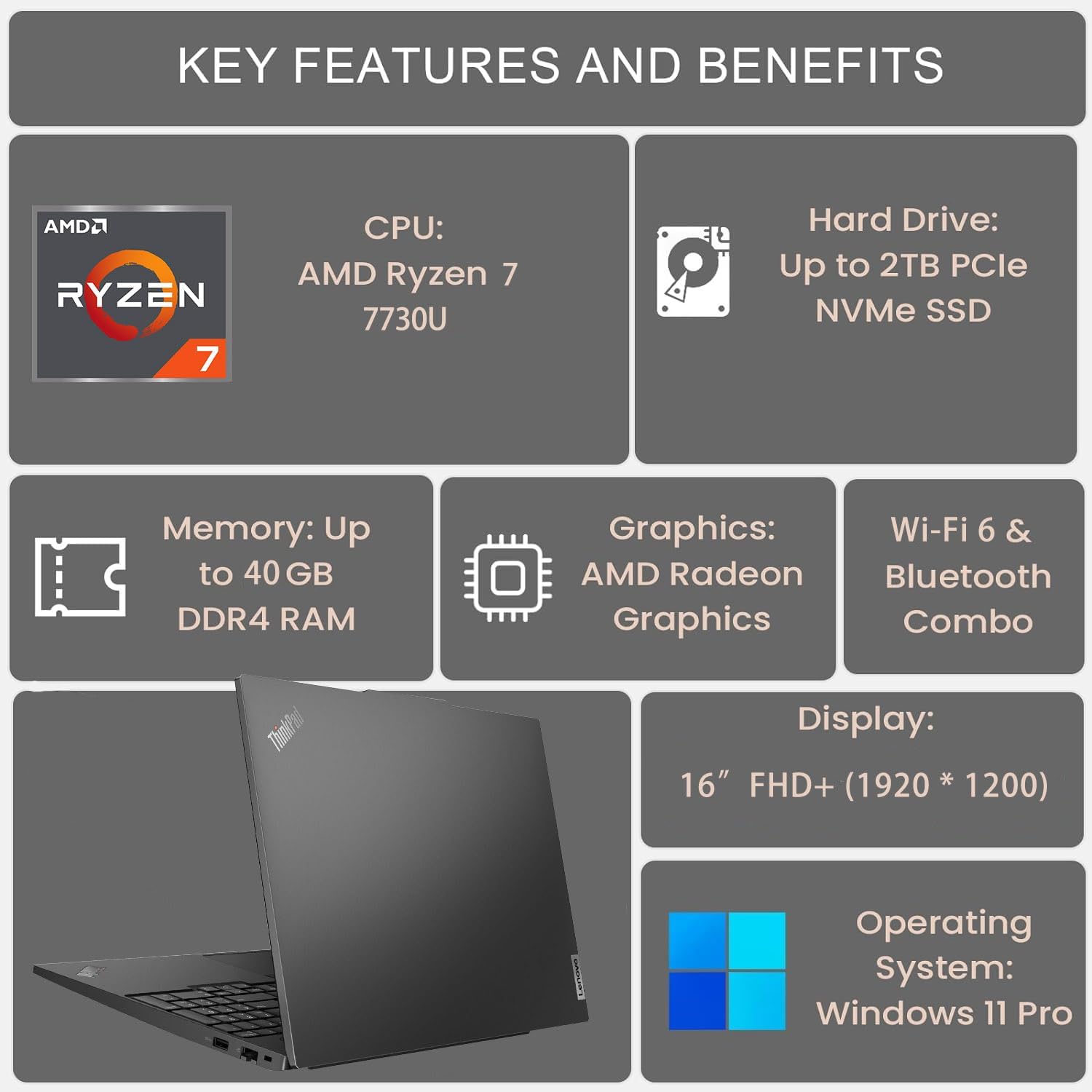 LENOVO ThinkPad E16 Gen 1 – Laptop empresarial, pantalla FHD+ de 16 pulgadas, AMD Ryzen 7 7730U, 40 GB de RAM, SSD de 1 TB, teclado retroiluminado,