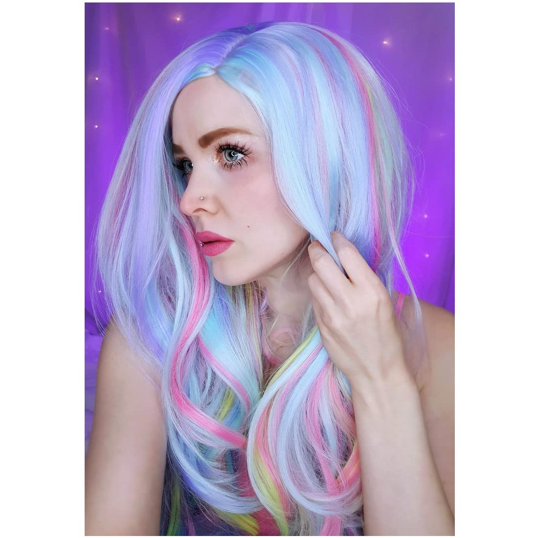 PATTNIUM Peluca larga ondulada colorida de 27 pulgadas para mujeres y niñas, peluca de arco iris pastel, resistente al calor, peluca de cabello