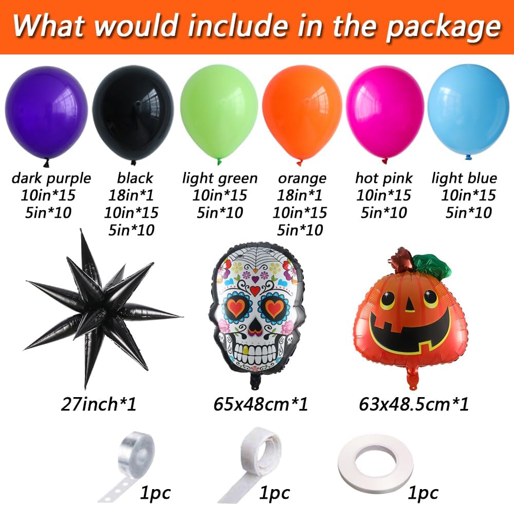 Kit de arco de guirnalda de globos del Día de los Muertos, 158 unidades, globos coloridos del Día de los Muertos con calavera y cono de calabaza,