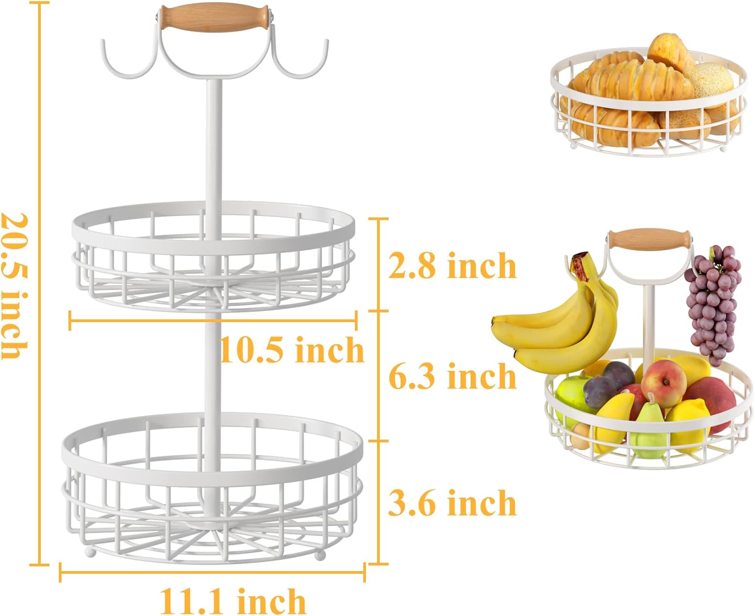 SAYZH Cesta de frutas de 2 niveles con soporte doble para árbol de plátano y mango de elevación de madera, cesta de alambre de metal para encimera