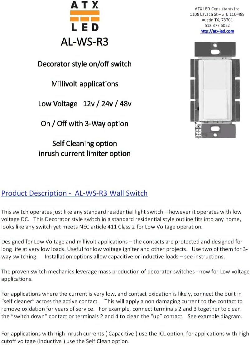 AL-WS-R3 Interruptor basculante de encendidoapagado estilo decorador, blanco, bajo voltaje (12 V, 24 V, 48 V, milivoltios) CC o CA, 2 amperios, baja