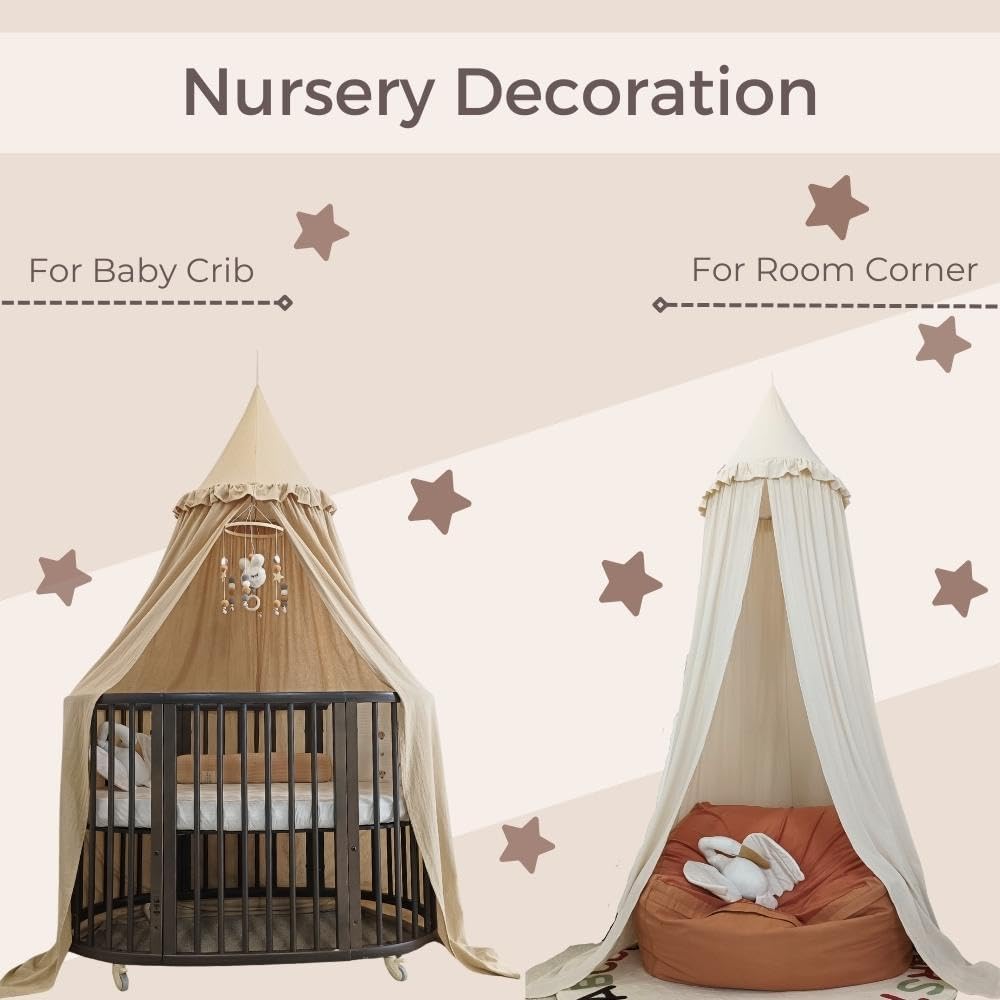 Wonder Space Toldo para cama infantil con volantes, color pastel neutro para niños y niñas, tienda de campaña de algodón con volantes, habitación