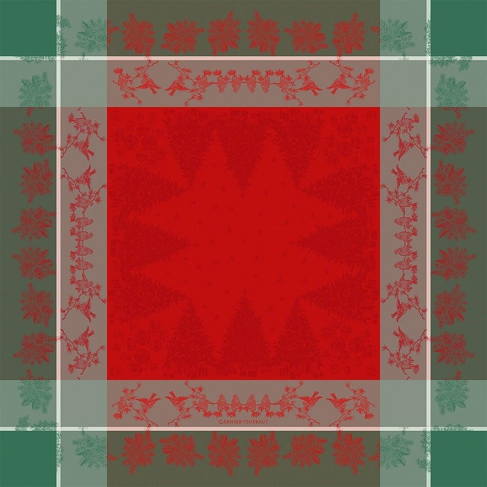 Garnier-Thiebaut, Cadeaux de Noel, mantel de Navidad jacquard francés rojo, 69 x 120 pulgadas, verde dulce tratado