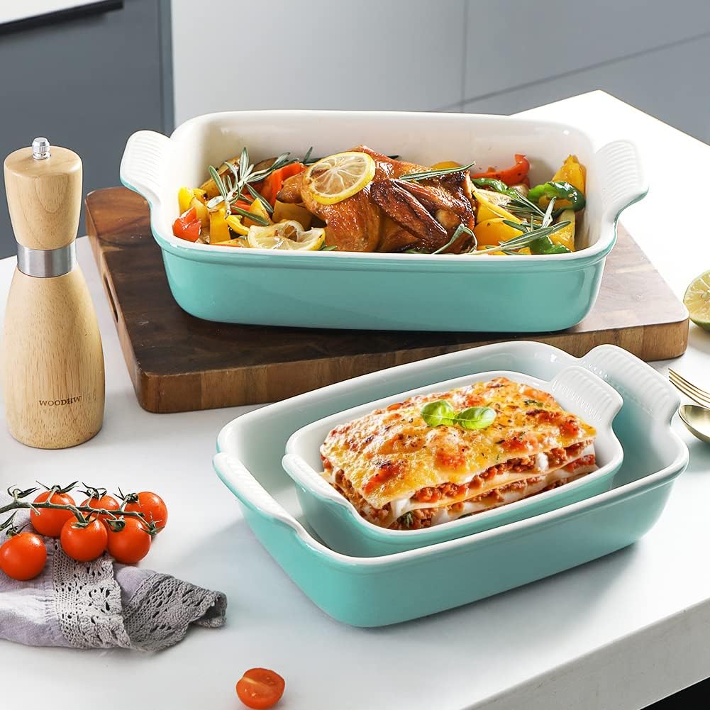 Sweejar Plato para hornear de porcelana, cacerola para horno, 13 x 9.8 pulgadas, rectangular para hornear, bandeja para lasaña profunda con asas