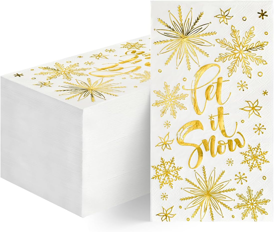 Horaldaily 100 servilletas decorativas de papel desechables de Navidad, Let It de papel blanco como la nieve, toalla de mano de papel dorado para