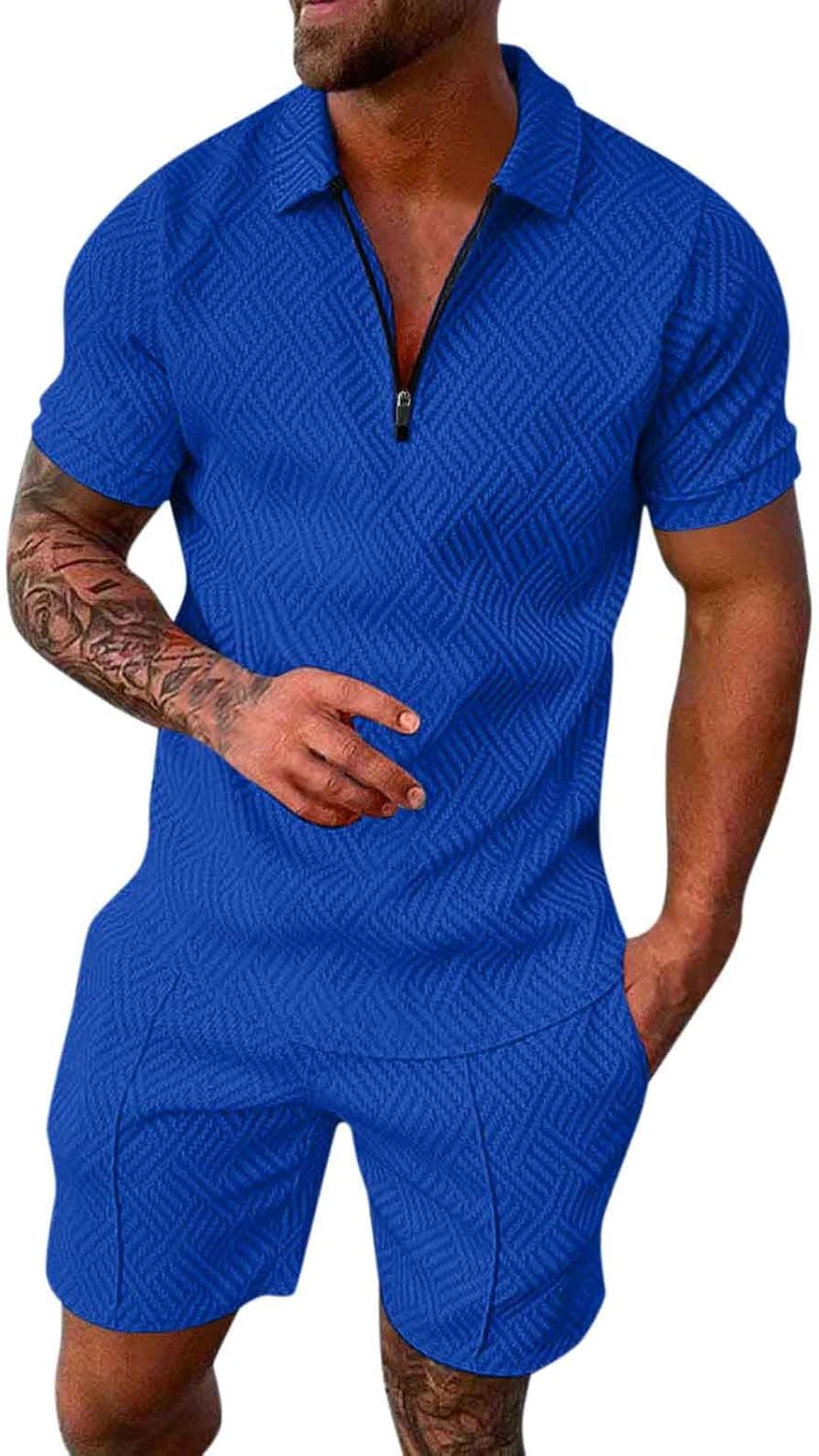 ZYXTIM Conjunto de 2 piezas para hombre, polo, de manga corta, con cremallera, camiseta Henley y pantalones cortos ajustados, ropa de trabajo