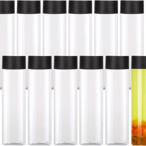Paquete de 12 botellas redondas de plástico de 16 onzas con tapas, recipientes de jugo con tapas para botella de batidos, botellas de jugo con Paquete de 12 botellas redondas de plástico de 16 onzas con tapas, recipientes de jugo con tapas para botella de batidos, botellas de jugo con