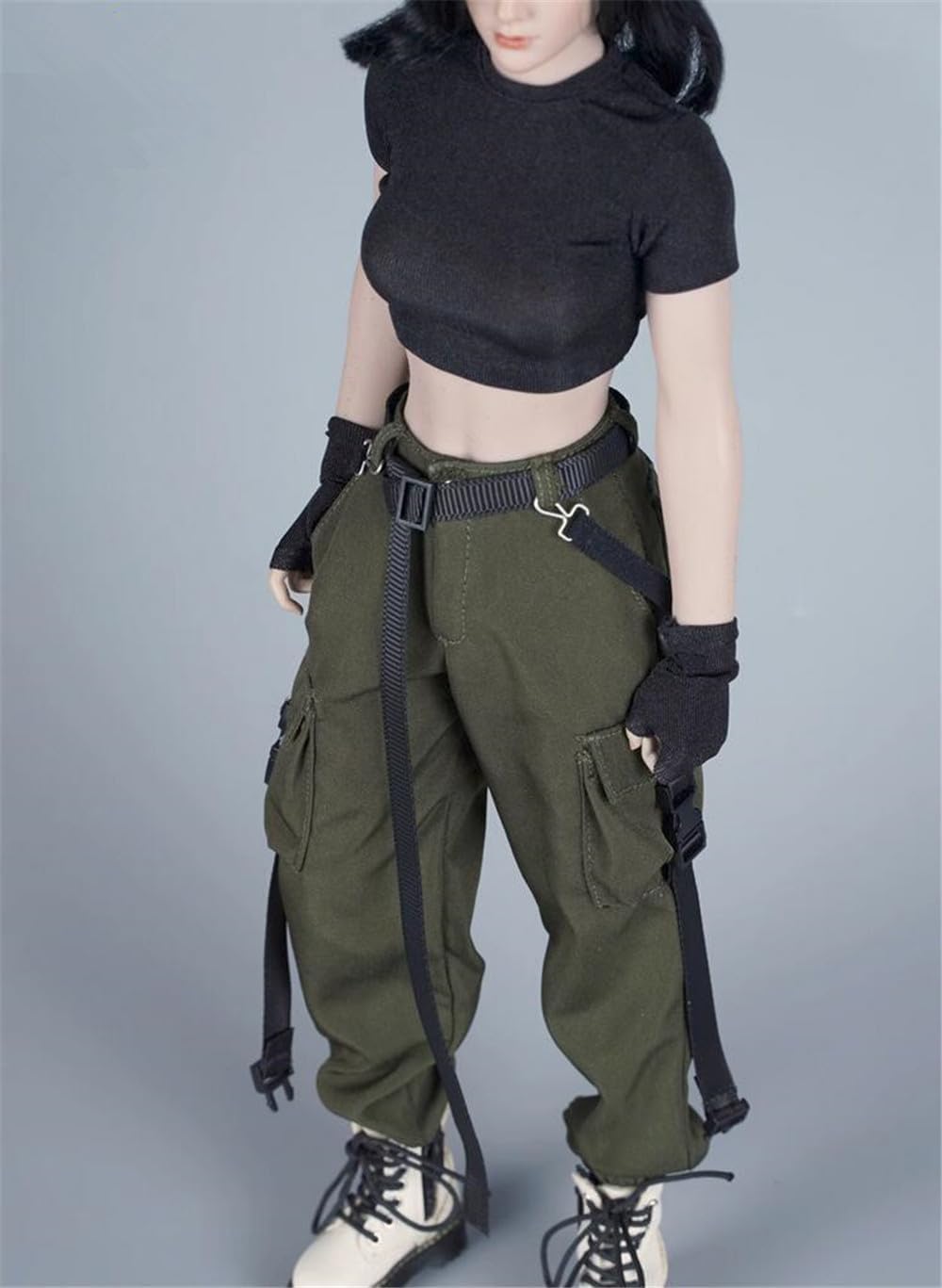 Ropa femenina a escala 16, camiseta y pantalones, guante, cinturón, traje de disfraz para soldado de 12 pulgadas, figura de acción (camisa negra +