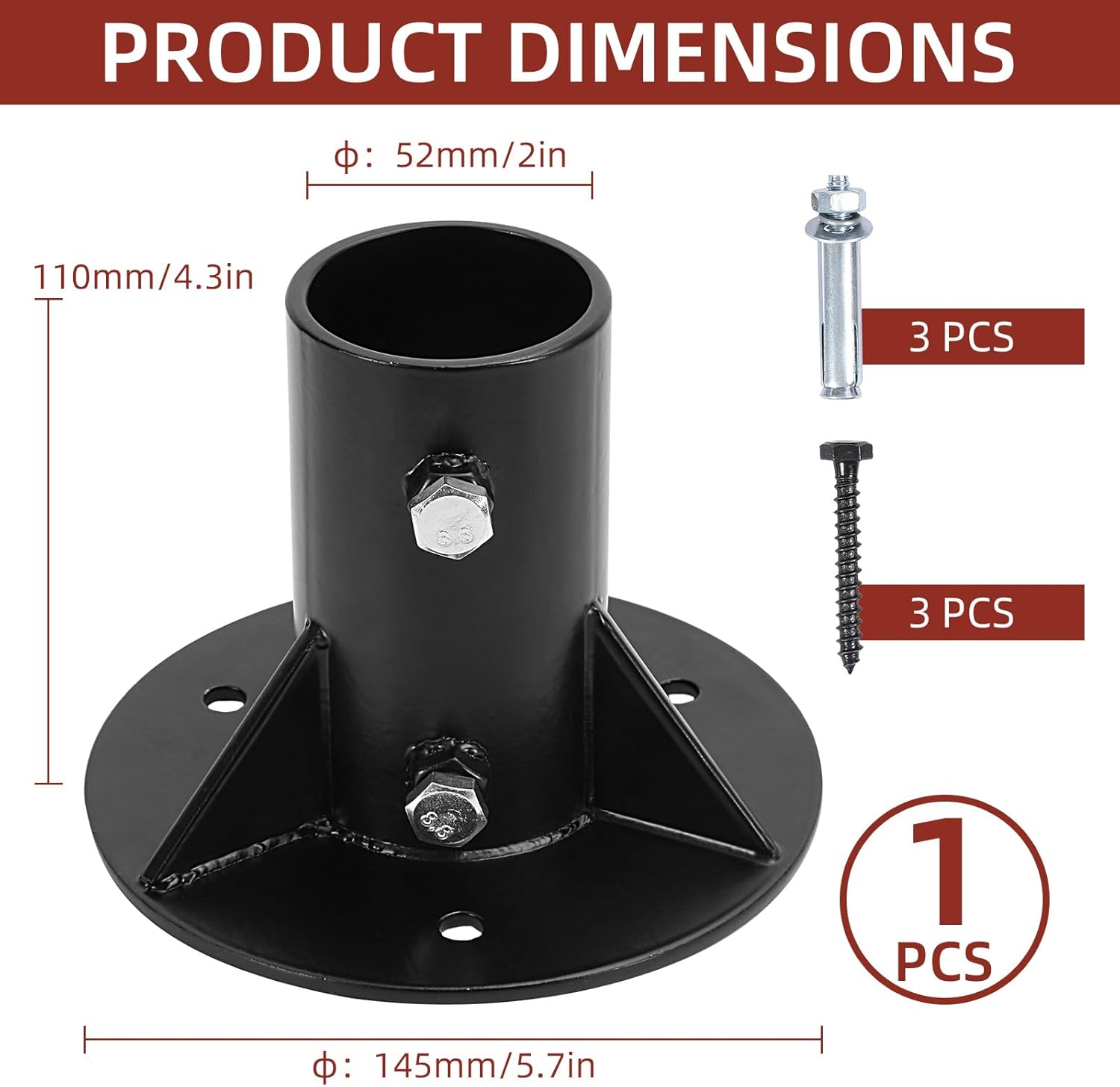 1 soporte de base de postes redondos de 2 pulgadas, brida de base, brida de enlace de cadena, brida de piso de poste sólido pesado para sujetar