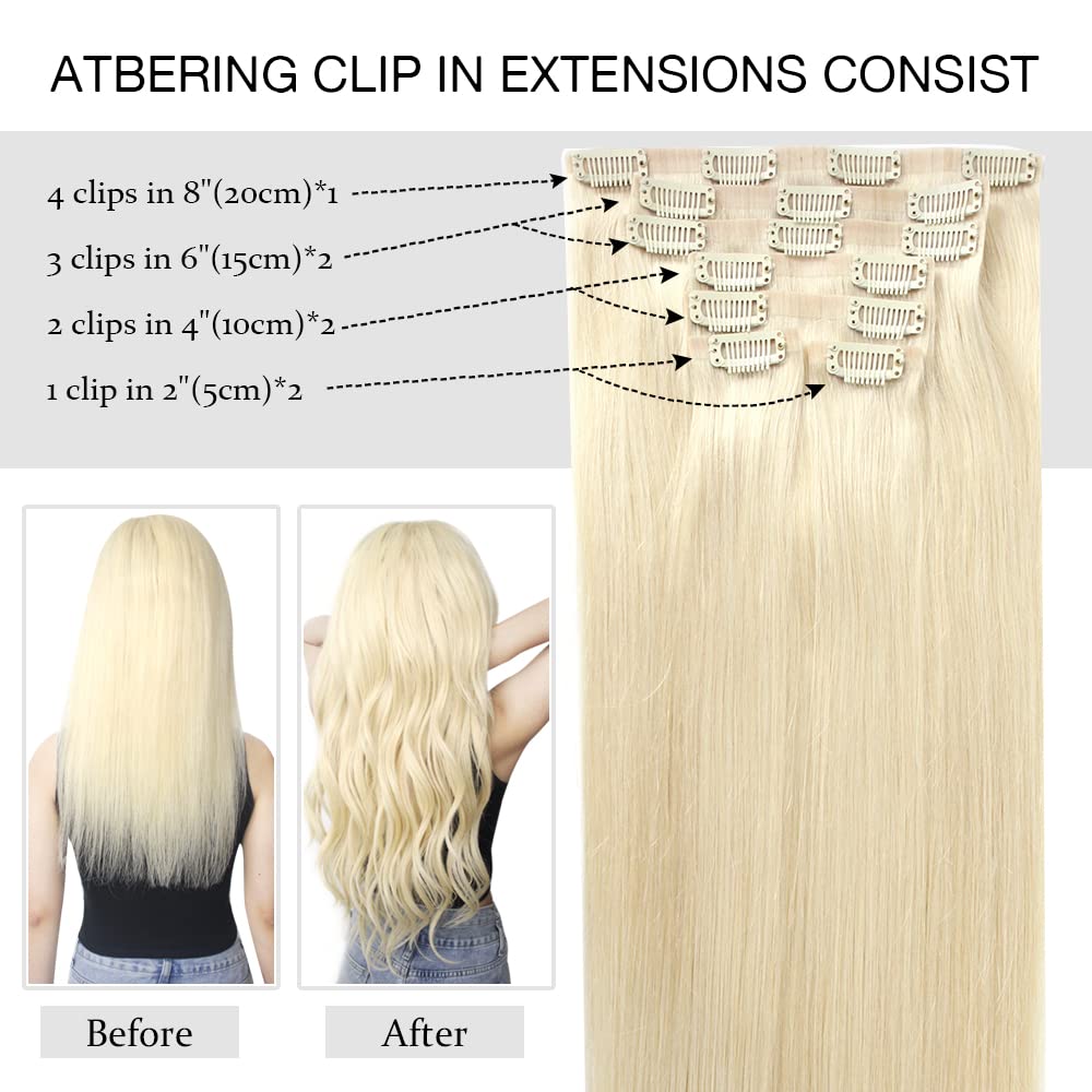 Extensiones de cabello real con broches, con clips de poliuretano, extensiones de cabello sin costuras, color rubio platino, #60, 16 pulgadas, 4.33