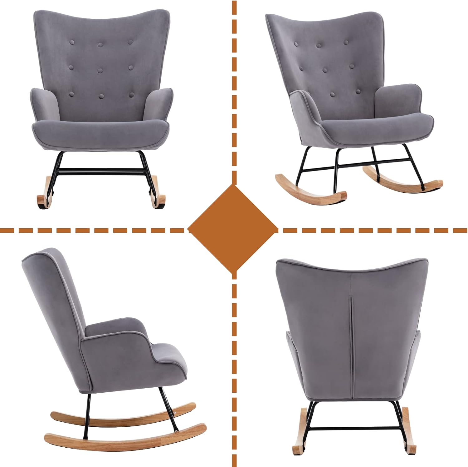 Mecedora de terciopelo para habitación del bebé, silla mecedora para interiores con respaldo de ala, con base de madera maciza, cómoda silla