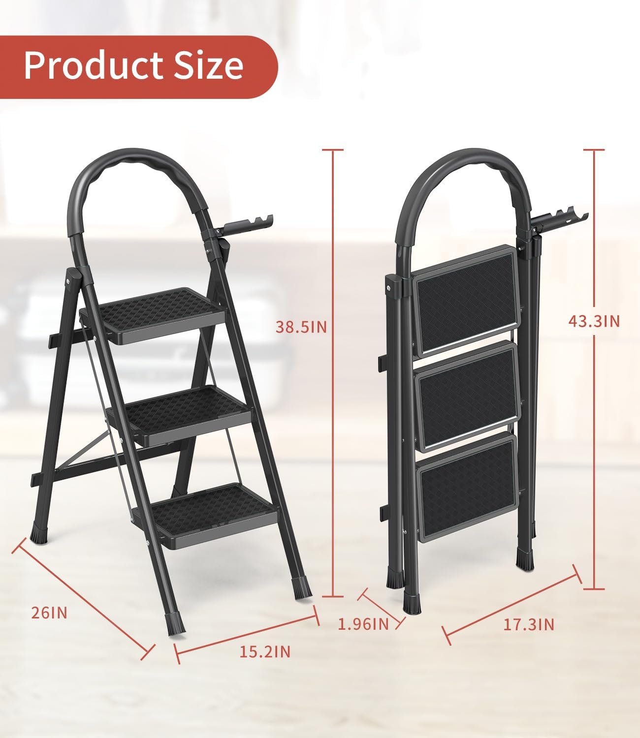 Escalera plegable de 3 escalones, taburete plegable de 3 escalones con pedal ancho antideslizante y cómodo agarre de mano, escalera de acero