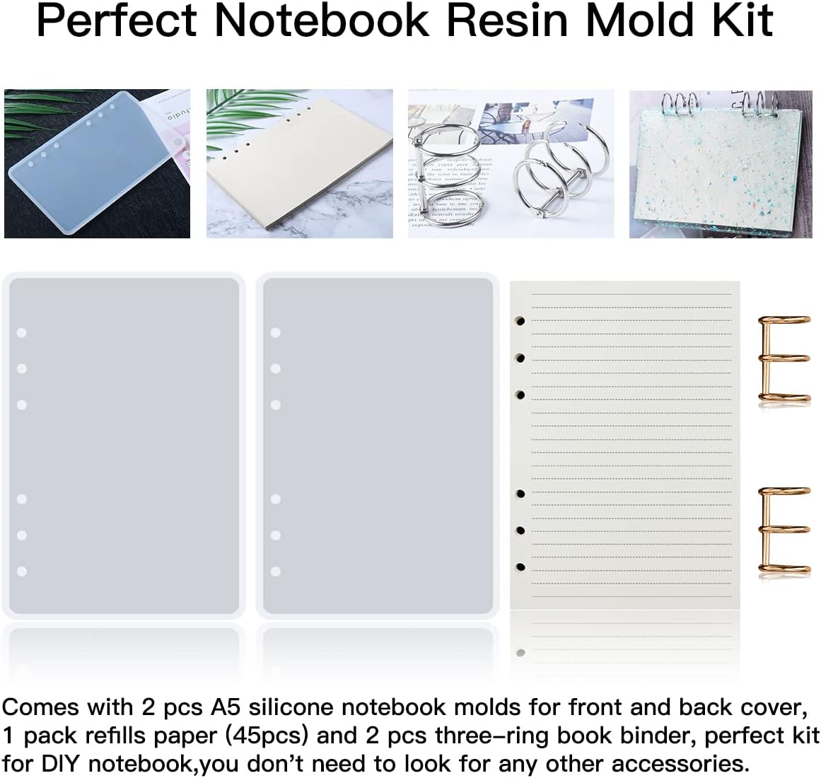 Kit de 5 moldes de fundición de resina para cuadernos, incluye 2 moldes de silicona A5 para cubierta de libro de resina, 2 anillos de carpeta de