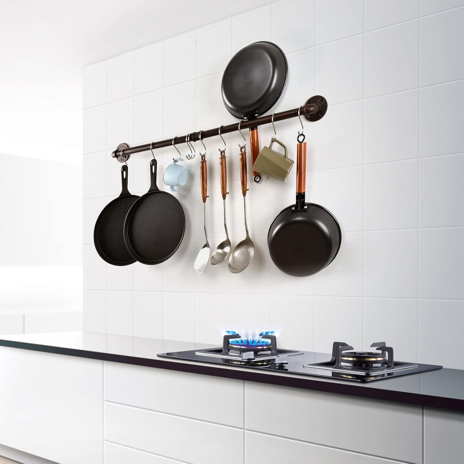 Estante para ollas de tubería, soporte industrial para tapa de utensilios de cocina, organizador de cocina, barra colgante con ganchos en S (36