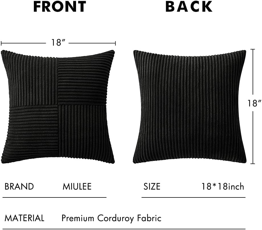 MIULEE Juego de 2 fundas de almohada de pana color negro, fundas de almohada decorativas bohemias empalmadas, fundas de almohada suaves y sólidas