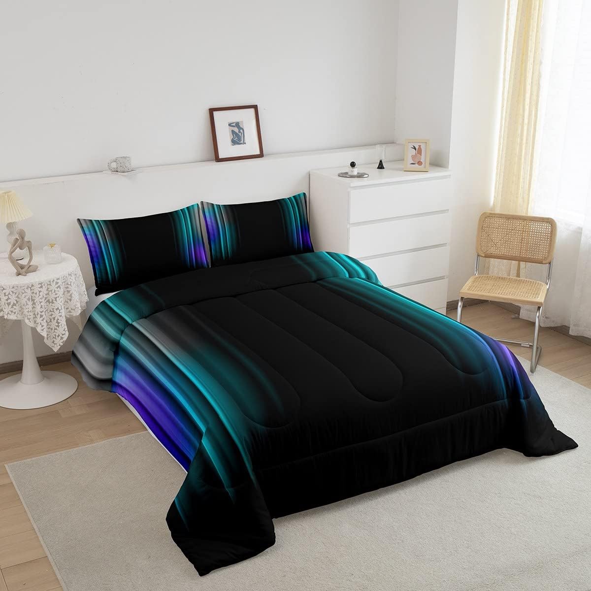 Feelyou Juego de ropa de cama geométrica degradada para hombres, adultos, adolescentes, verde azulado y azul, gris, negro, a rayas, juego de edredón
