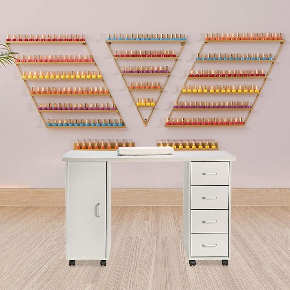 Goujxcy Mesa rodante de manicura, estación de escritorio de uñas, estación de manicura para salón de belleza, equipo de arte de uñas con 4 cajones y