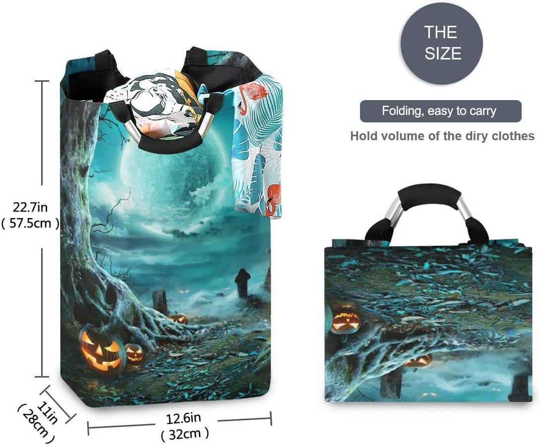Cesta grande de noche espeluznante de Halloween con luna llena, bolsa de lavandería plegable, con asas para lavandería, dormitorio, decoración del
