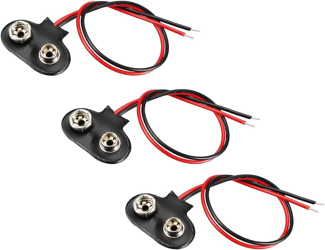 uxcell 3 unids DC 9V Clip de batería tipo T Conector de hebilla de piel sintética Alambre de plomo 4.7 in de largo