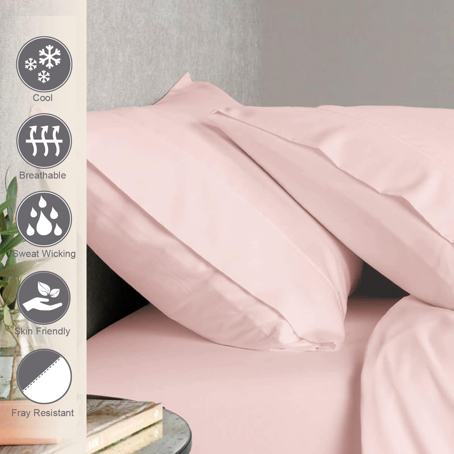 Pizuna Funda de almohada de algodón de 400 hilos, tamaño Queen, paquete de 2 unidades, color rosa claro, 100% algodón de fibra larga, tejido de