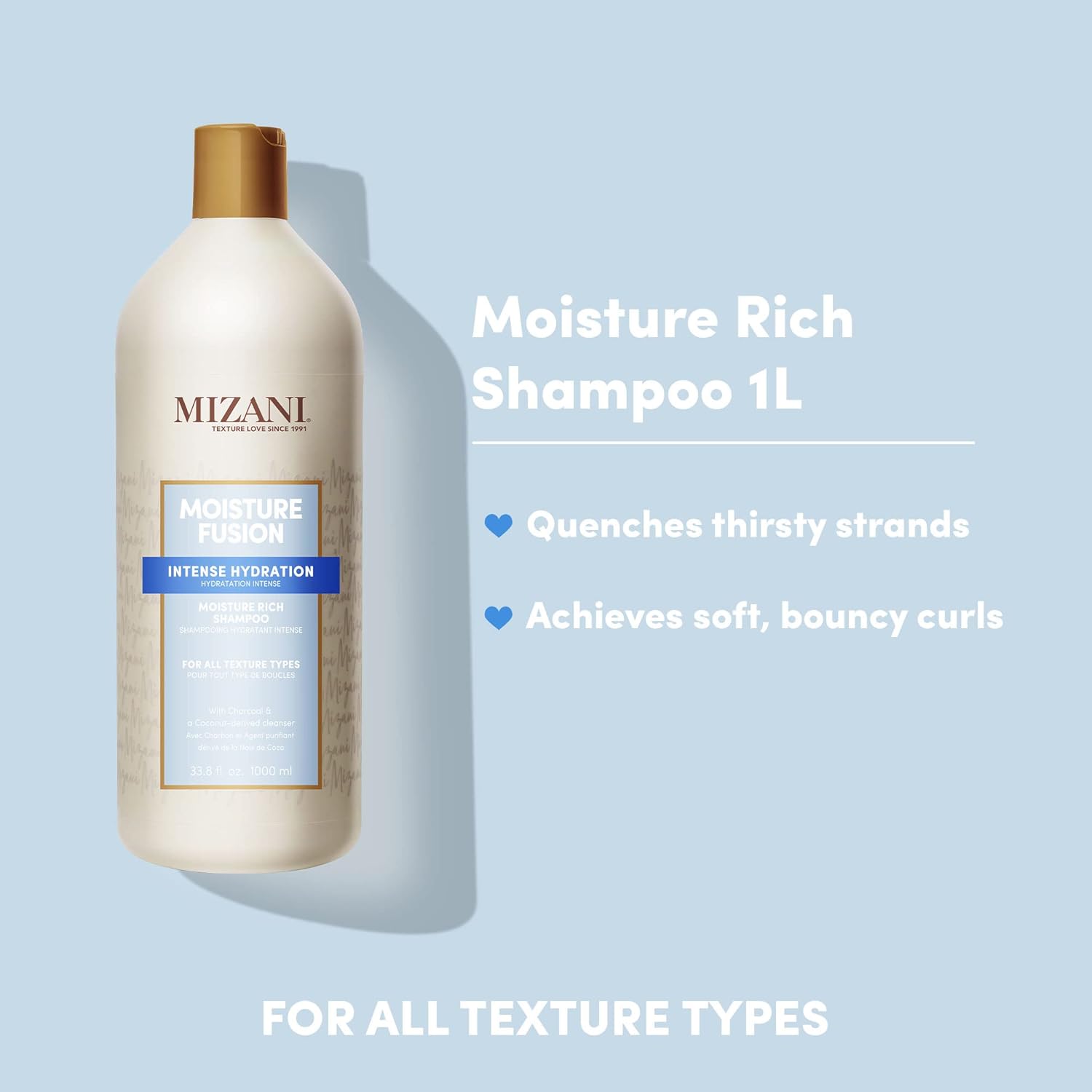 Mizani Moisture Fusion – Champú rico en humedad, limpia y acondiciona suavemente el cabello, con aceite de argán, para cabello seco