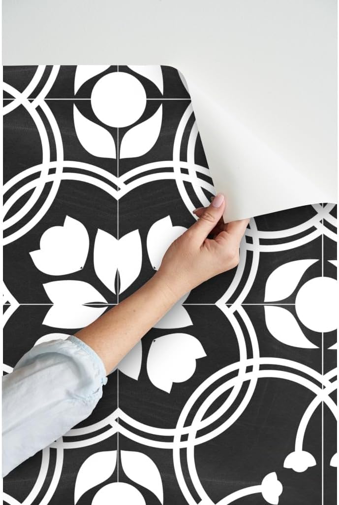 Spoonflower Muestras de papel tapiz para despegar y pegar, azulejos modernos de granja tradicionales, azulejos españoles tradicionales negros y