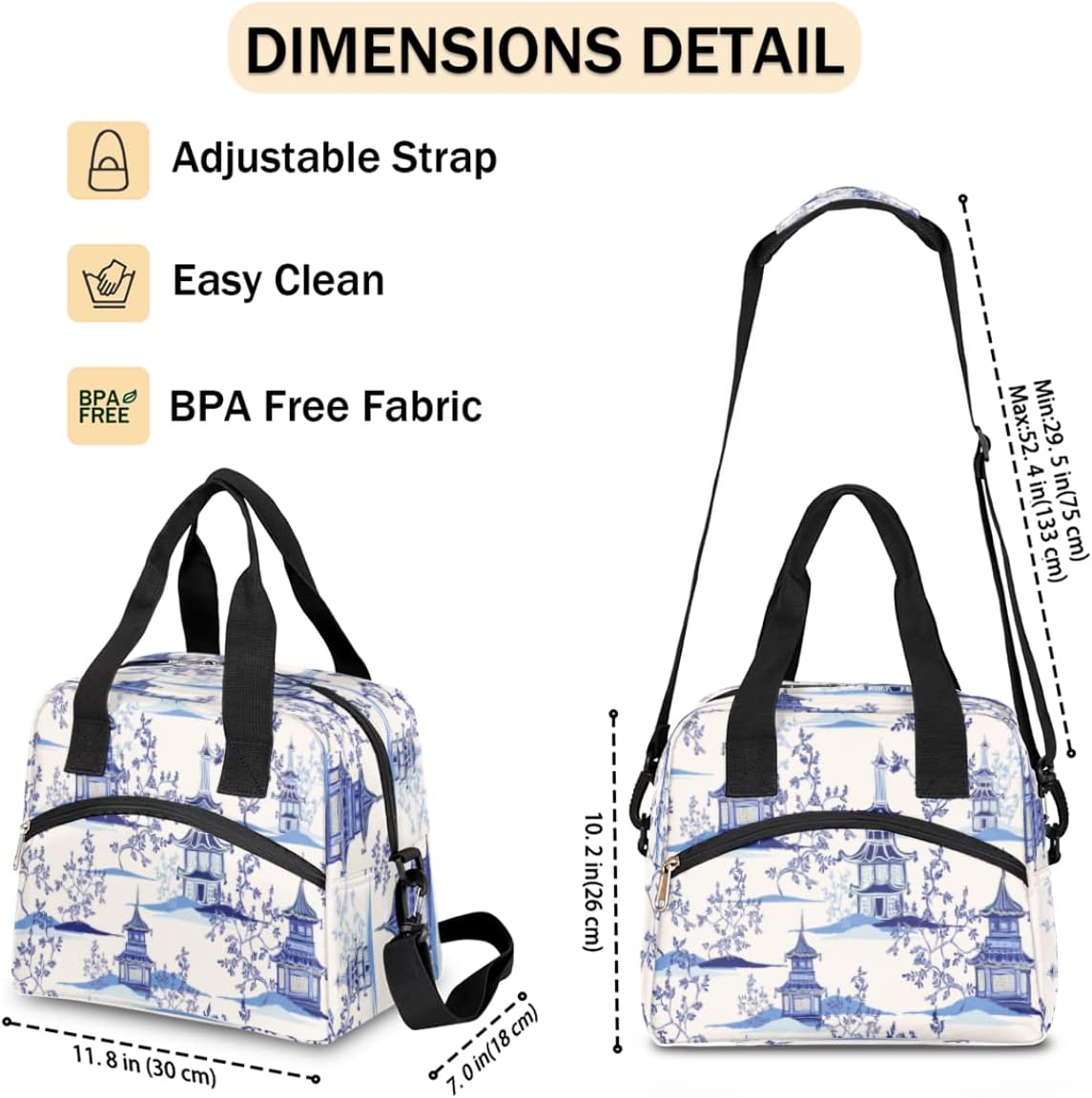 Bolsas de almuerzo con diseño de pagodas chinas de tinta, bolsa aisladaenfriadora para mujeres, hombres, niñas, niños, estilo chinoiserie, bolsa de