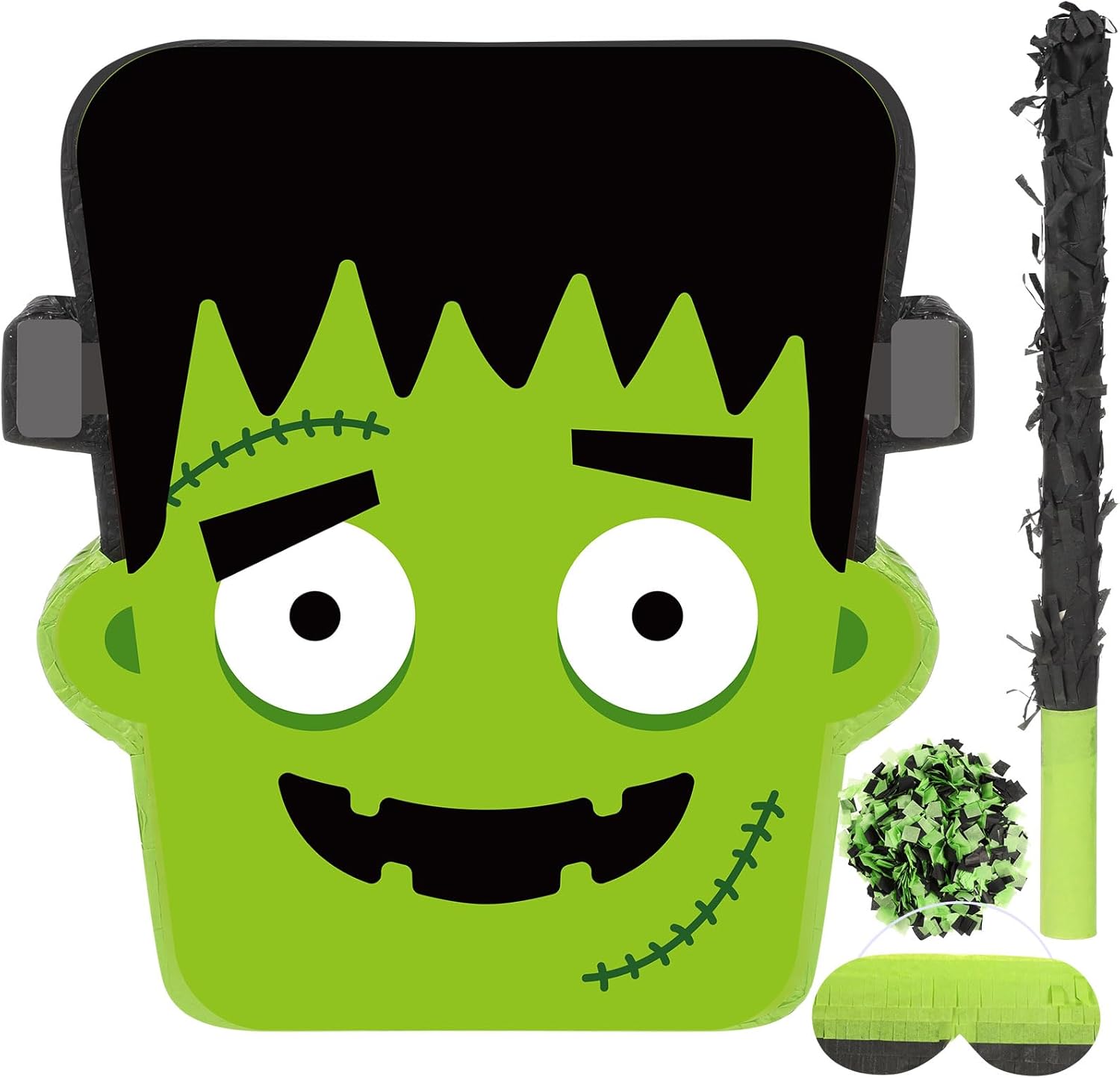 Aoriher Piñata de Halloween, piñata verde, piñata diablo, piñata mexicana con palo vendados y confeti para Halloween, cumpleaños, fiesta,