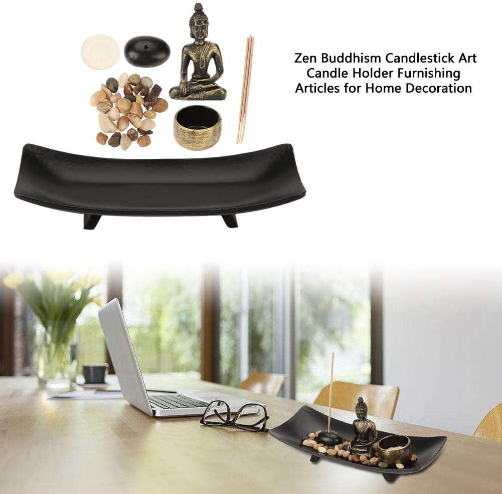 Juego de velas de Buda con Buda de resina, soporte de candelita de cristal, barra de incienso y soporte, piedras decorativas para decoración del