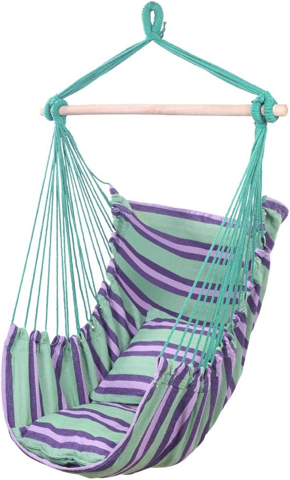 Hamaca colgante de cuerda para patio, dormitorio, patio, porche, cualquier espacio interior o exterior, rayas de lona, dos almohadas incluidas