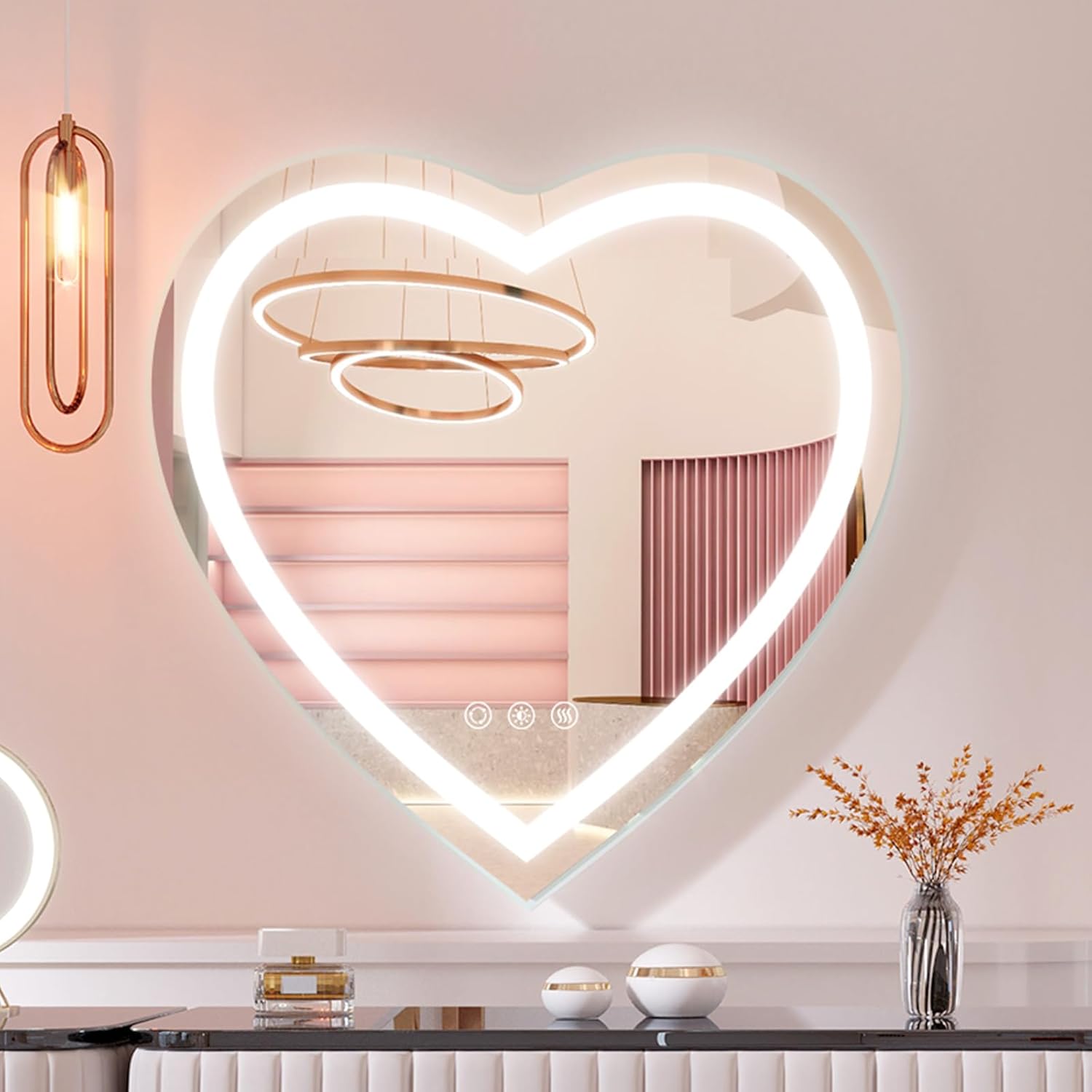 BesMirror Espejo de baño LED con luces en forma de corazón de 28 x 28 pulgadas, antiempañamiento frontal iluminado en la pared, espejo de tocador