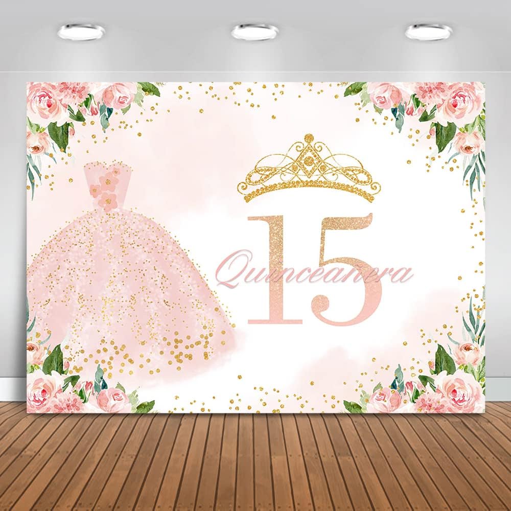 Mocsicka Telón de fondo de cumpleaños de quinceañera para niña, decoración de fiesta de cumpleaños con texto en inglés “Mis membrillo anos”, color