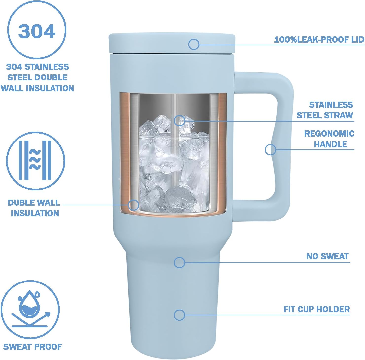Towsnails Vaso de 40 onzas con asa y tapa con pajilla, vaso aislado reutilizable, botella de agua de acero inoxidable, taza de viaje, apto para