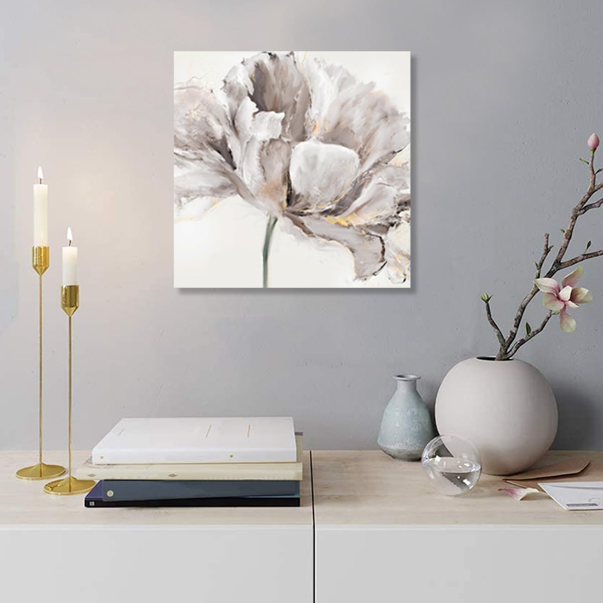 Arte de pared de flores florecientes, arte de pared blanco abstracto floral con pintura a mano dorada sobre lienzo para paredes de baño y